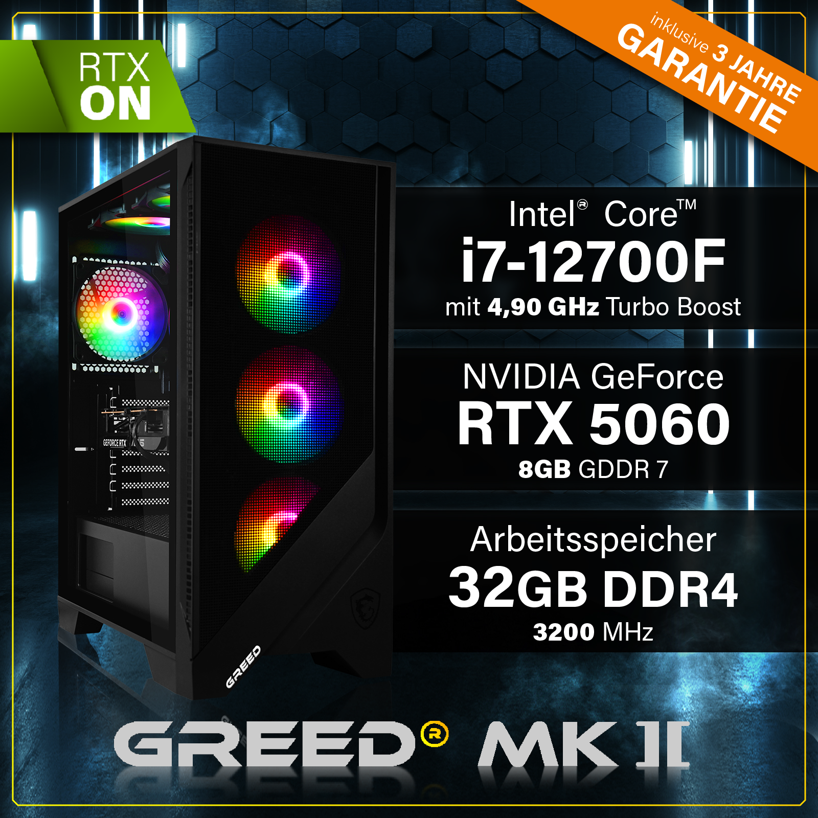 GREED® MK2 - Gaming PC, Gaming Computer - Intel Core i7 12700F + Nvidia Geforce RTX 5060