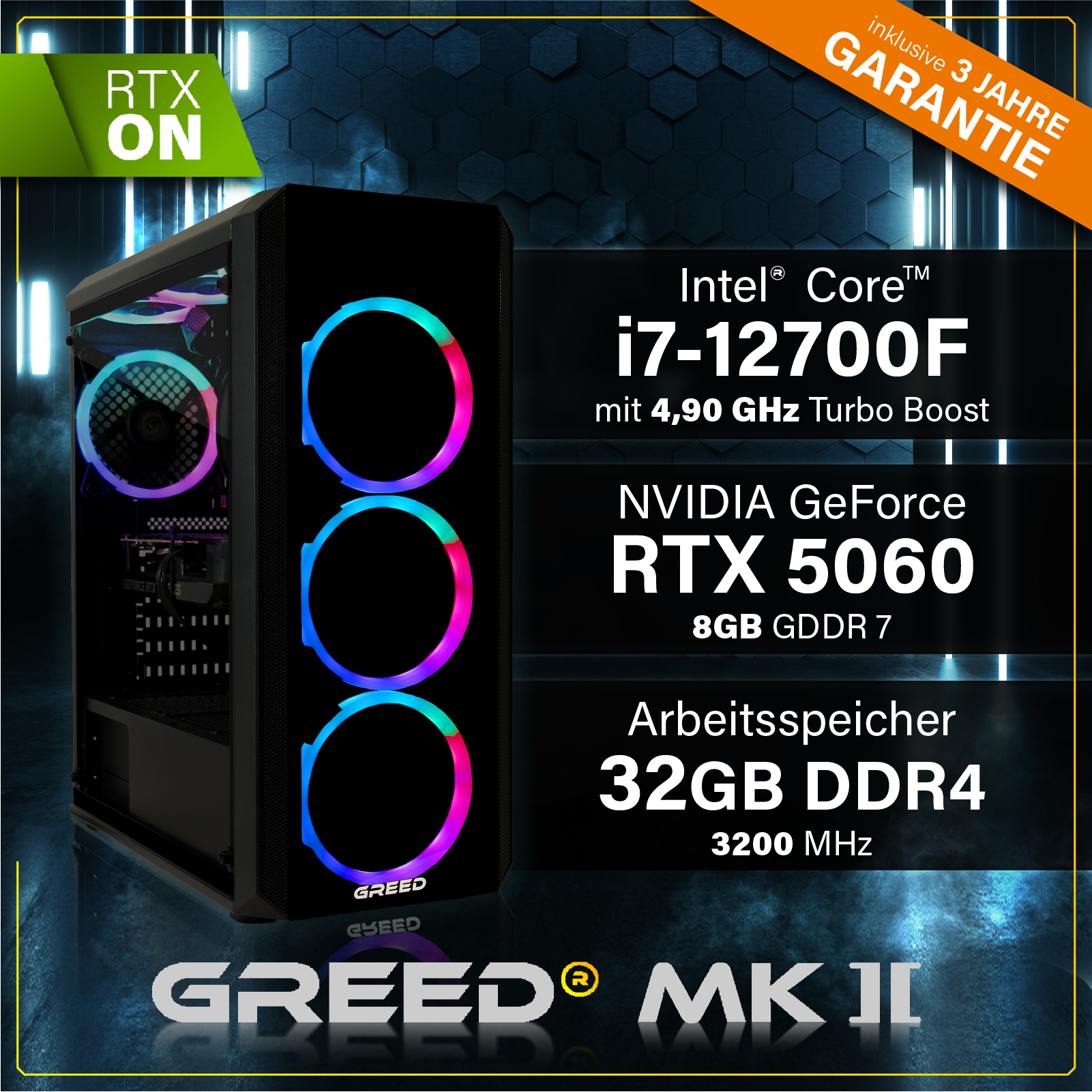 GREED® MK2 - Gaming PC, Gaming Computer - Intel Core i7 12700F + Nvidia Geforce RTX 5060
