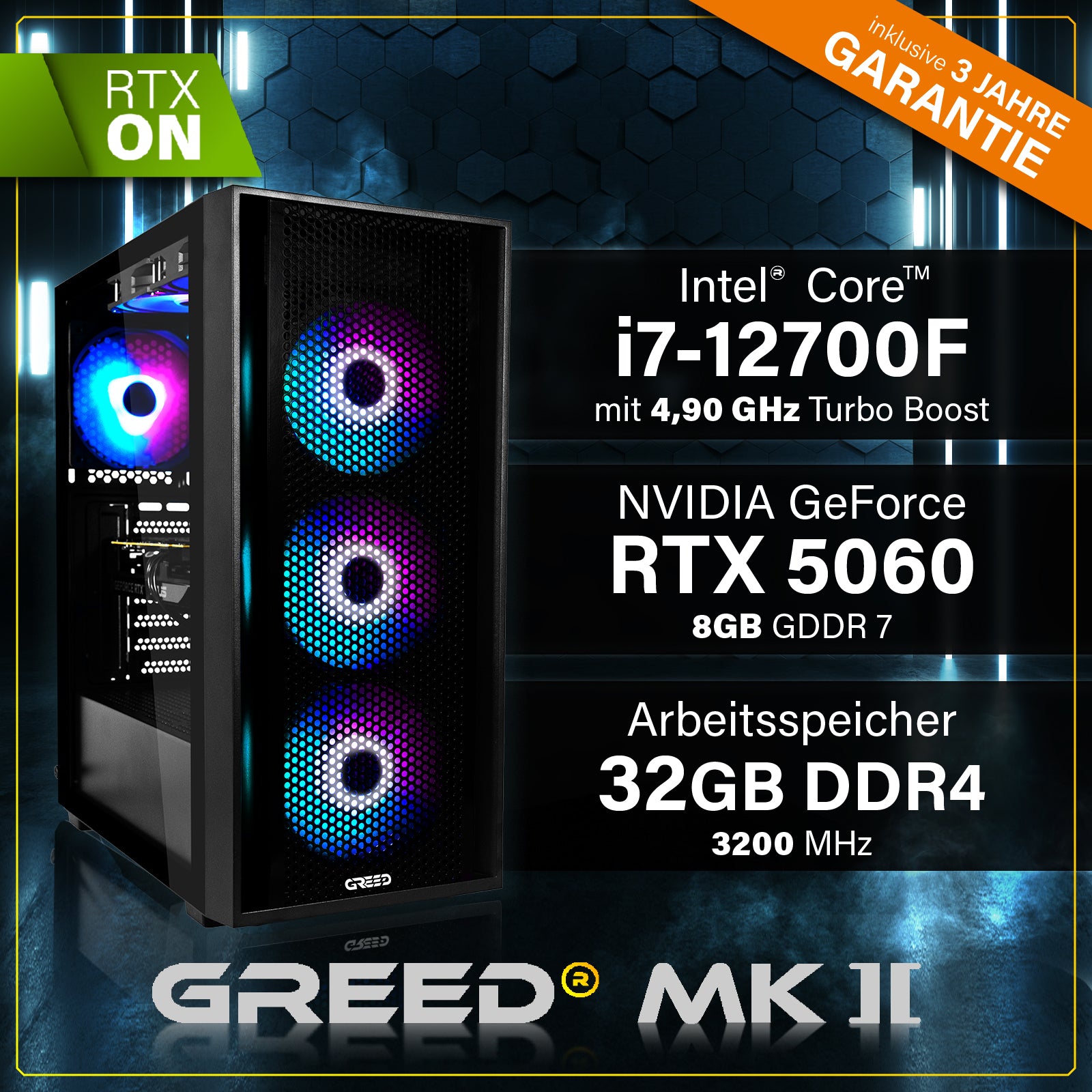 GREED MK2 Intel Lite  Gaming PC mit Intel® Core™ i5 10400F Prozessor, 16 GB RAM, 512 GB SSD, NVIDIA GeForce RTX™ 3050, Windows 11 Pro