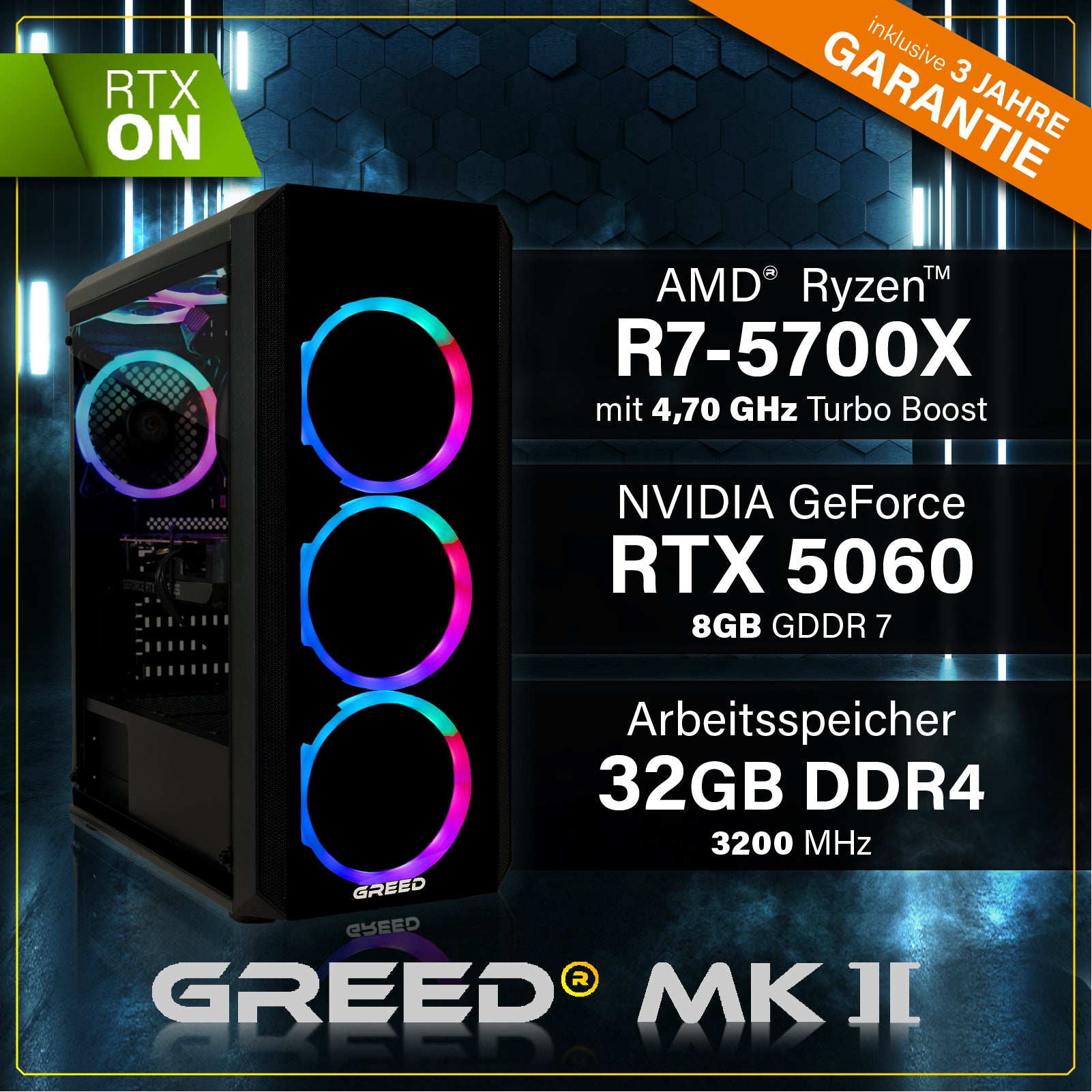 GREED® MK2 - Gaming PC, Gaming Computer - AMD Ryzen 7 5700X + Nvidia Geforce RTX 5060