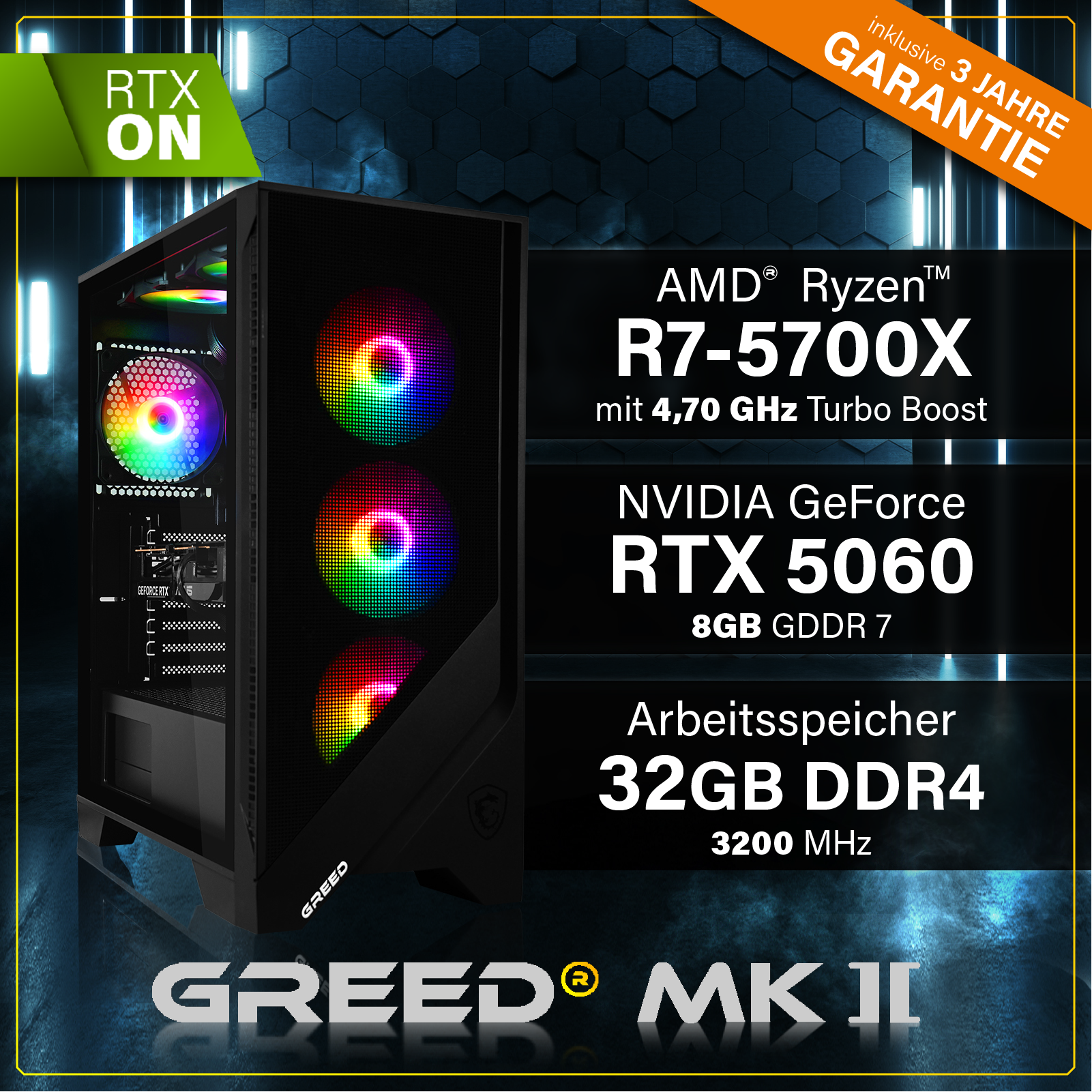 GREED® MK2 - Gaming PC, Gaming Computer - AMD Ryzen 7 5700X + Nvidia Geforce RTX 5060