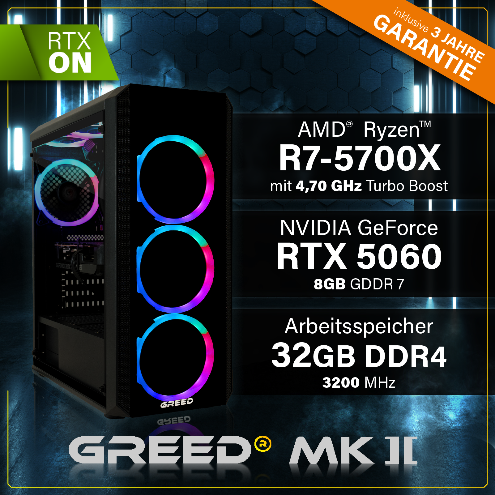 GREED® MK2 - Gaming PC, Gaming Computer - AMD Ryzen 7 5700X + Nvidia Geforce RTX 5060