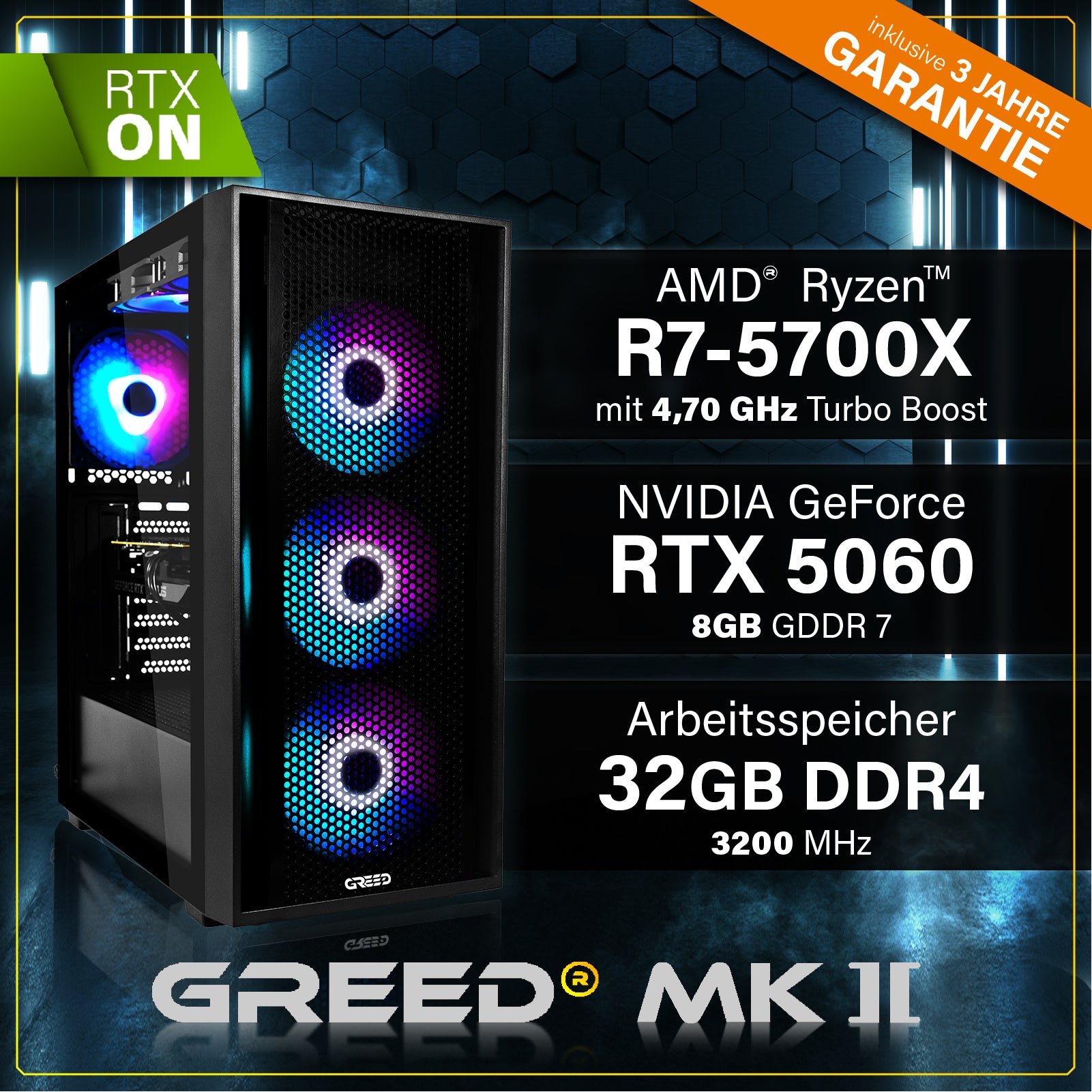 GREED® MK2 - Gaming PC, Gaming Computer - AMD Ryzen 7 5700X + Nvidia Geforce RTX 5060
