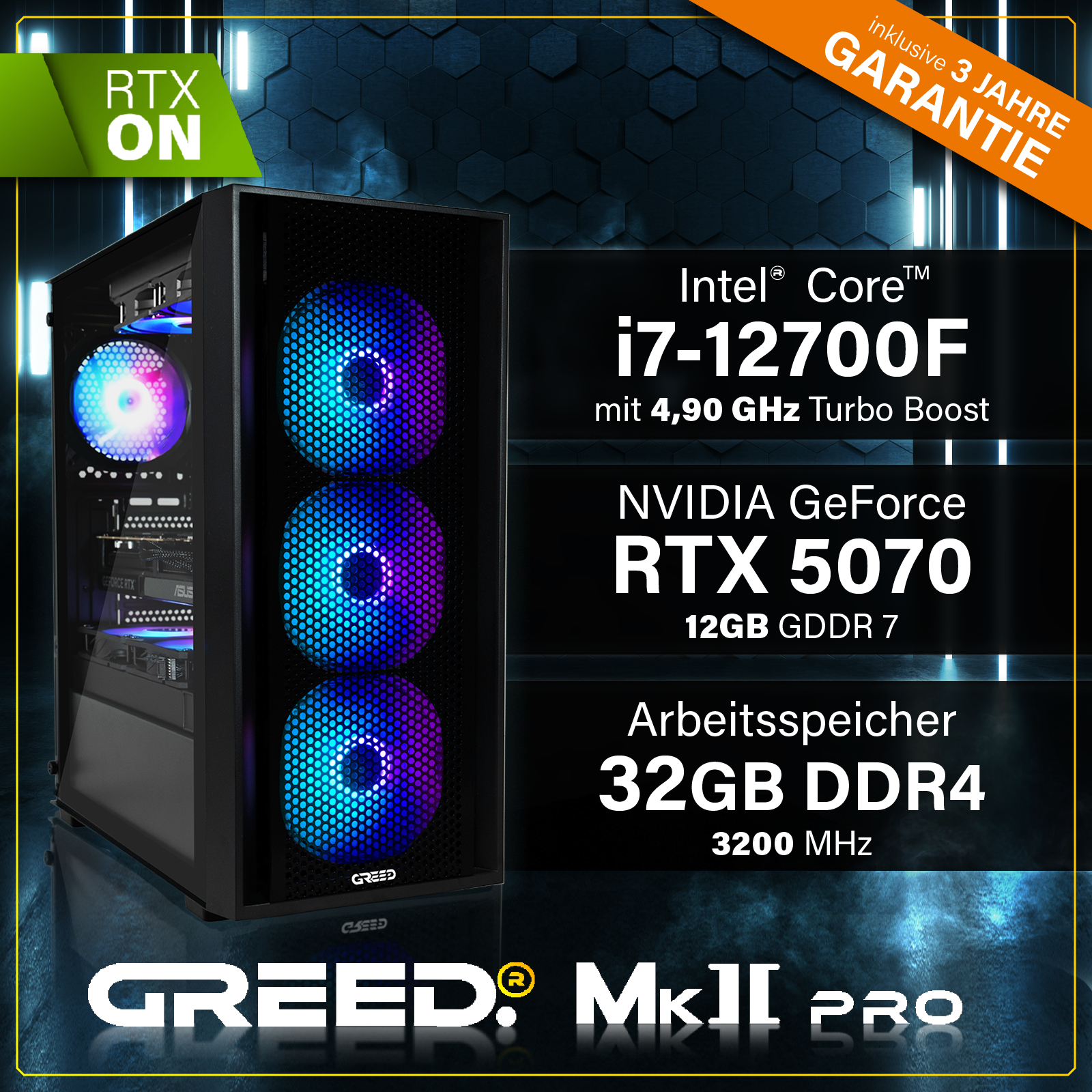 Greed®MK2 Pro INTEL - High End Gaming Computer, Gaming PC - Intel Core i7 12700KF + Nvidia Geforce RTX 5070 12 GB