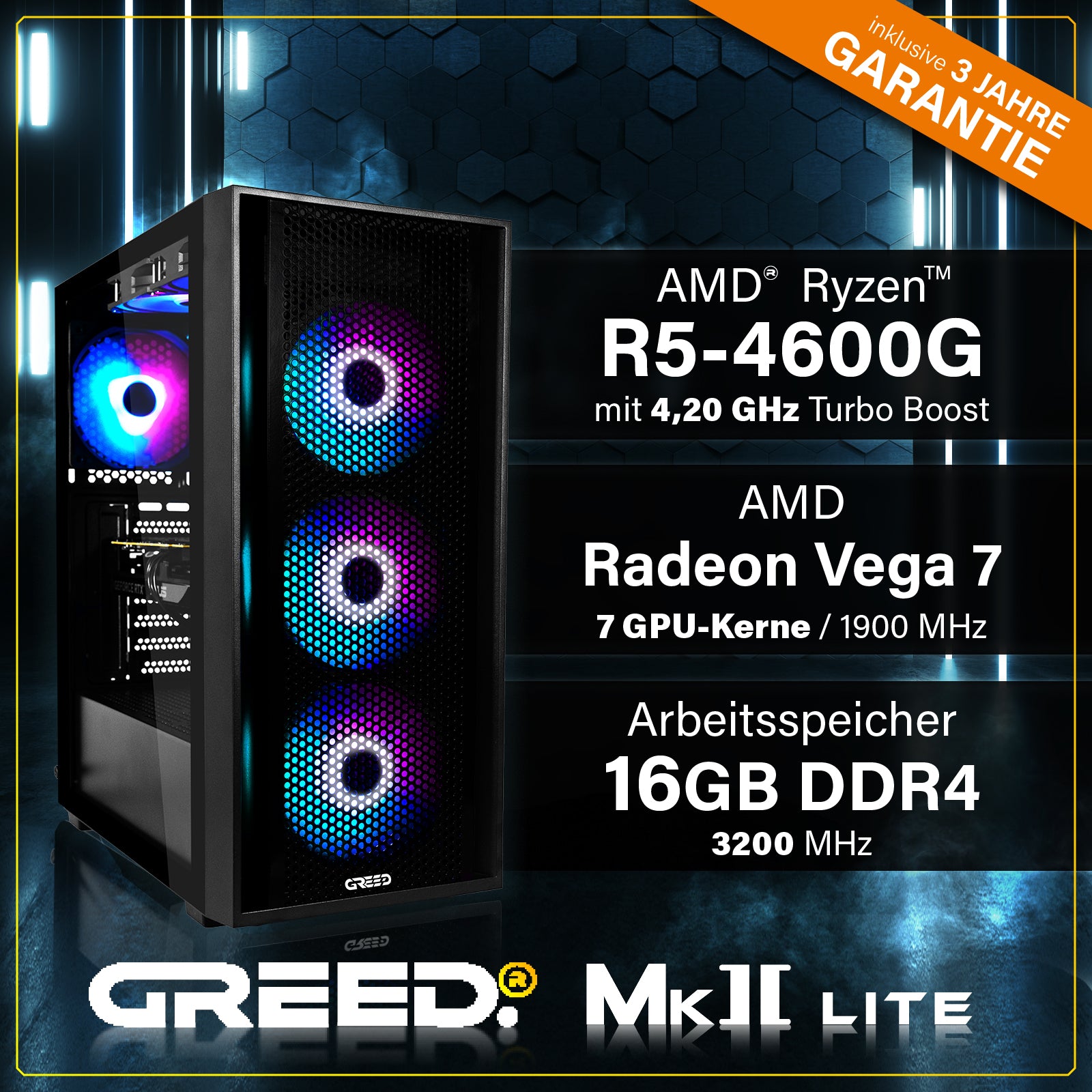 GREED MK2 AMD Lite  Gaming Pc mit AMD Ryzen™ 5 Ryzen 5 4600G Prozessor, 16 GB RAM, 512 GB SSD, AMD Radeon™ RX Vega 7, Windows 11 Pro