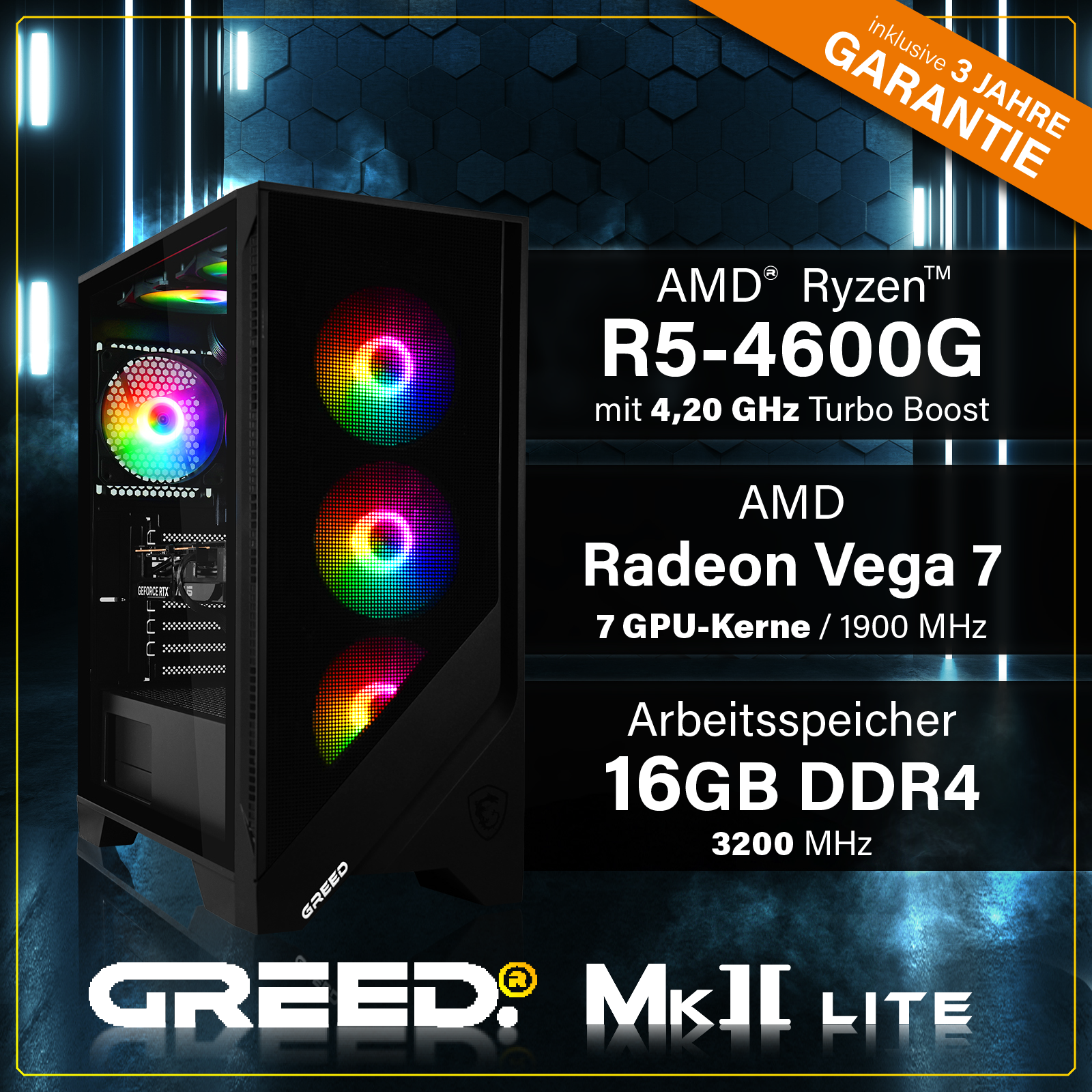 GREED MK2 AMD Lite  Gaming Pc mit AMD Ryzen™ 5 Ryzen 5 4600G Prozessor, 16 GB RAM, 512 GB SSD, AMD Radeon™ RX Vega 7, Windows 11 Pro