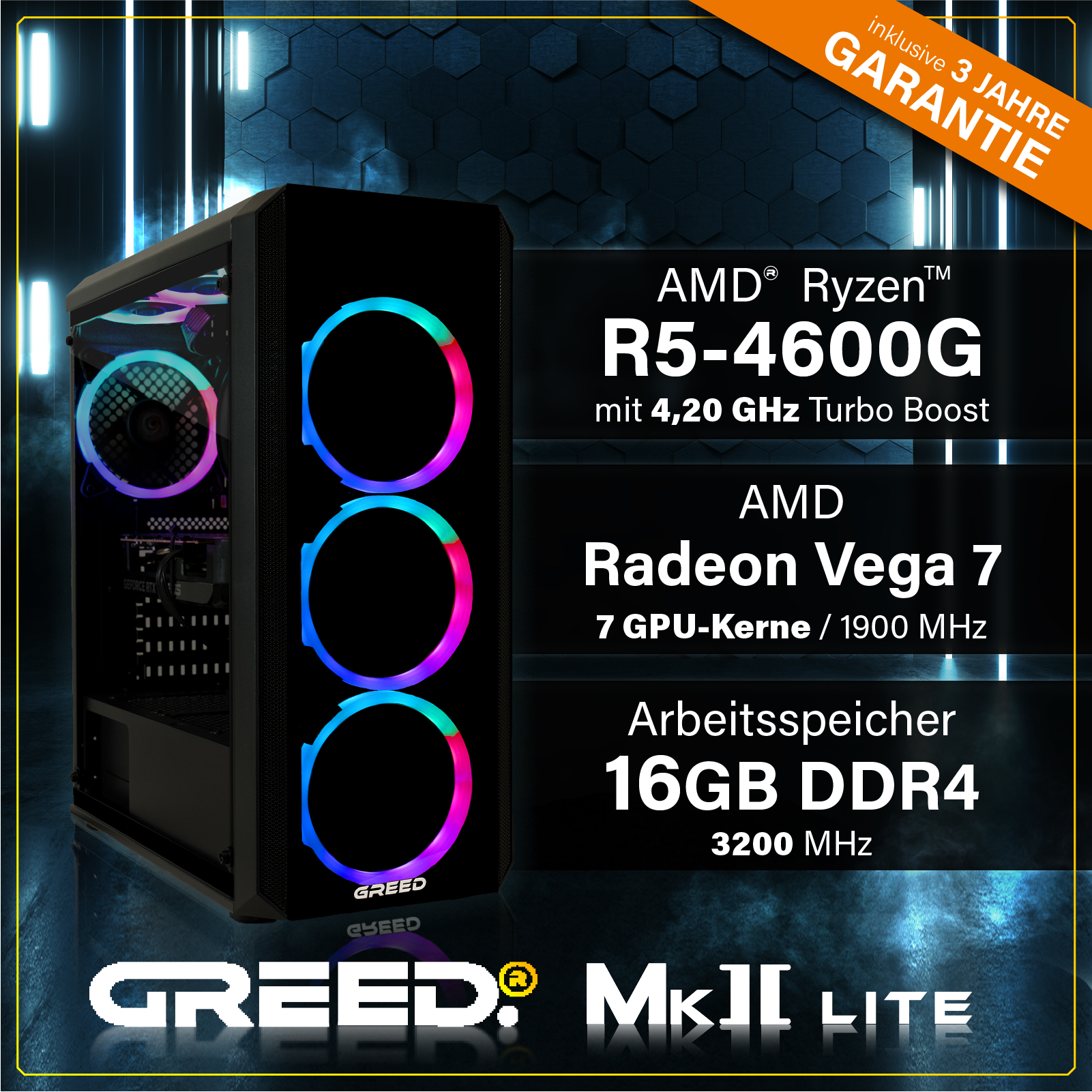 GREED MK2 AMD Lite  Gaming Pc mit AMD Ryzen™ 5 Ryzen 5 4600G Prozessor, 16 GB RAM, 512 GB SSD, AMD Radeon™ RX Vega 7, Windows 11 Pro