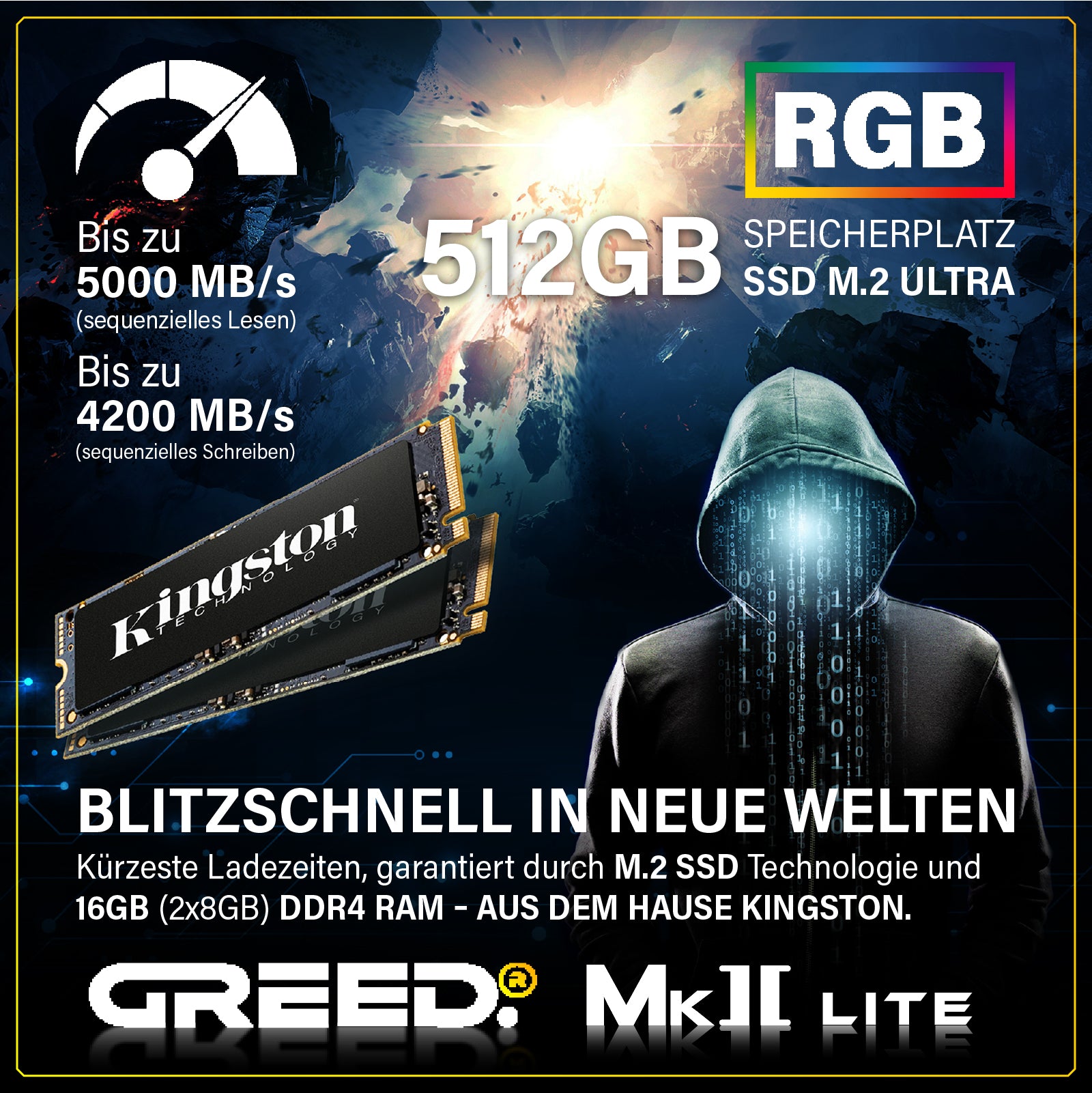 GREED MK2 AMD Lite  Gaming Pc mit AMD Ryzen™ 5 Ryzen 5 4600G Prozessor, 16 GB RAM, 512 GB SSD, AMD Radeon™ RX Vega 7, Windows 11 Pro