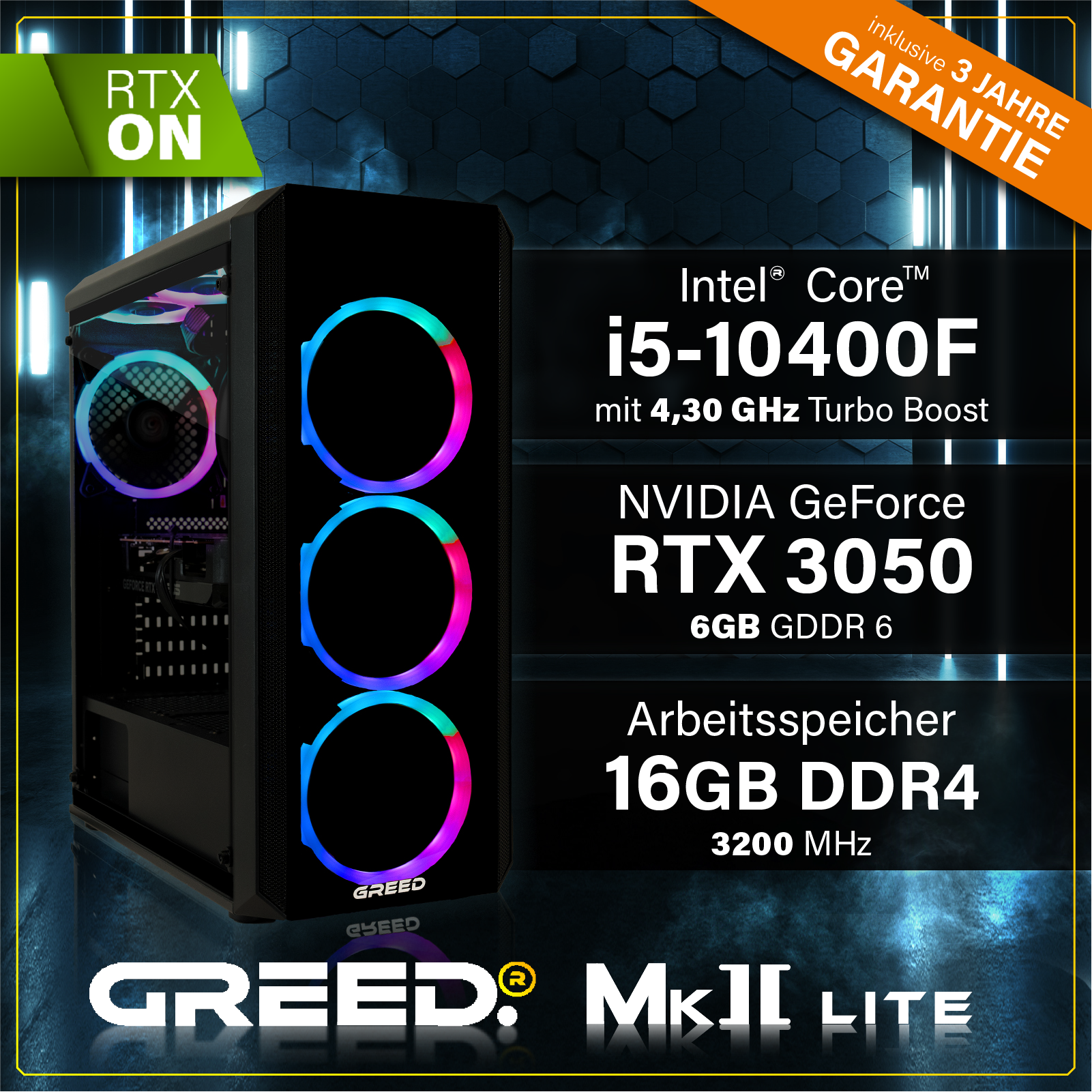 GREED MK2 Intel Lite  Gaming PC mit Intel® Core™ i5 10400F Prozessor, 16 GB RAM, 512 GB SSD, NVIDIA GeForce RTX™ 3050, Windows 11 Pro