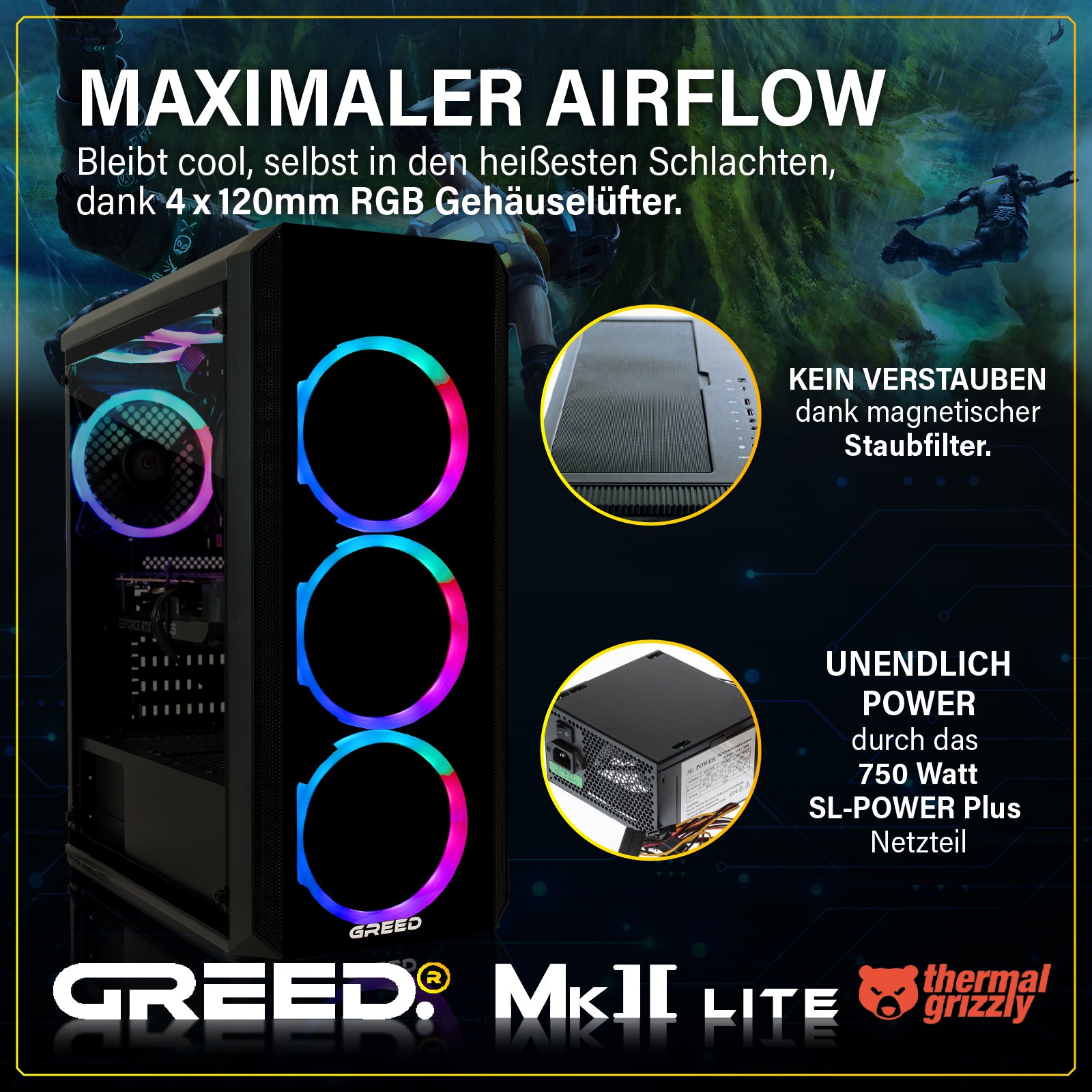GREED MK2 Intel Lite  Gaming PC mit Intel® Core™ i5 10400F Prozessor, 16 GB RAM, 512 GB SSD, NVIDIA GeForce RTX™ 3050, Windows 11 Pro