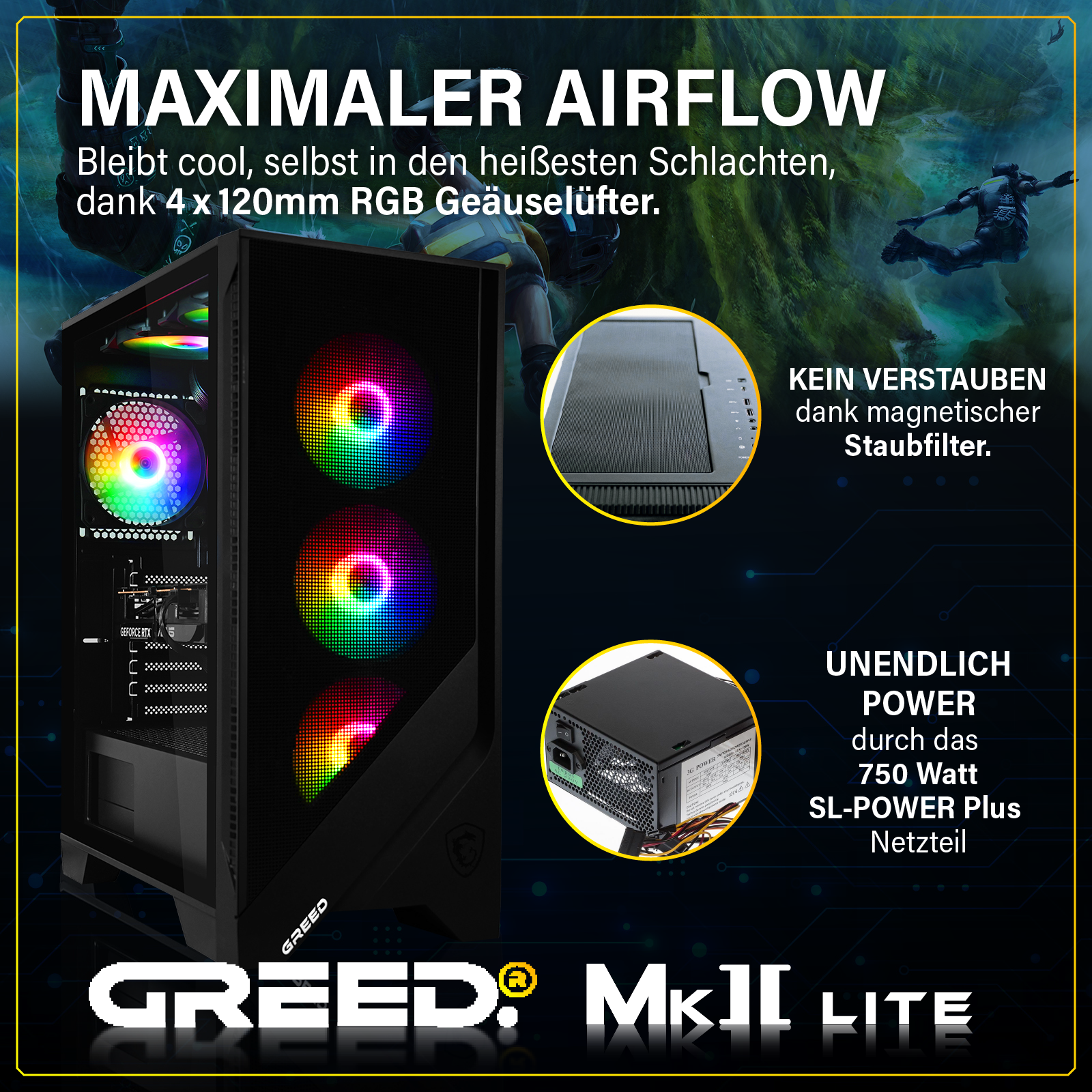 GREED MK2 Intel Lite  Gaming PC mit Intel® Core™ i5 10400F Prozessor, 16 GB RAM, 512 GB SSD, NVIDIA GeForce RTX™ 3050, Windows 11 Pro
