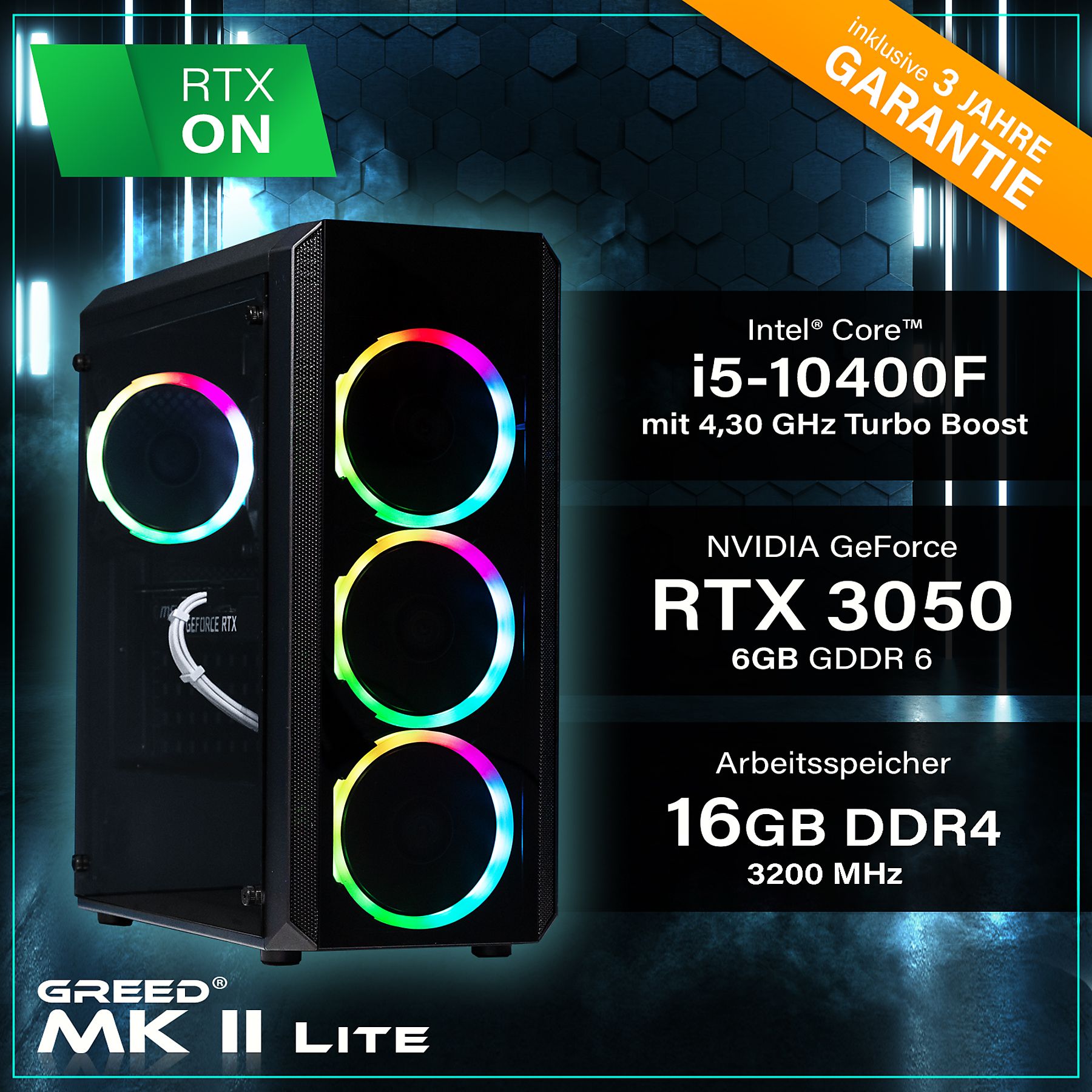 GREED MK2 Intel Lite  Gaming PC mit Intel® Core™ i5 10400F Prozessor, 16 GB RAM, 512 GB SSD, NVIDIA GeForce RTX™ 3050, Windows 11 Pro