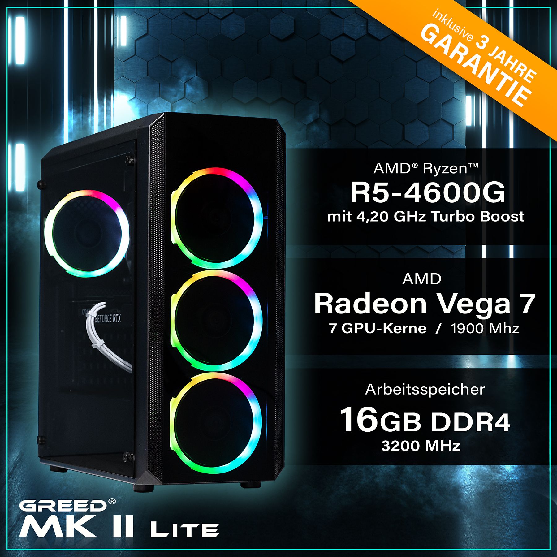 GREED MK2 AMD Lite  Gaming Pc mit AMD Ryzen™ 5 Ryzen 5 4600G Prozessor, 16 GB RAM, 512 GB SSD, AMD Radeon™ RX Vega 7, Windows 11 Pro