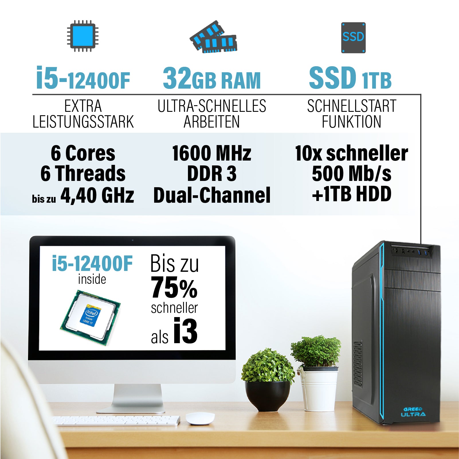GREED® Intel Core i5-12400F Ultra Business PC + schneller Computer für Büro + Homeoffice