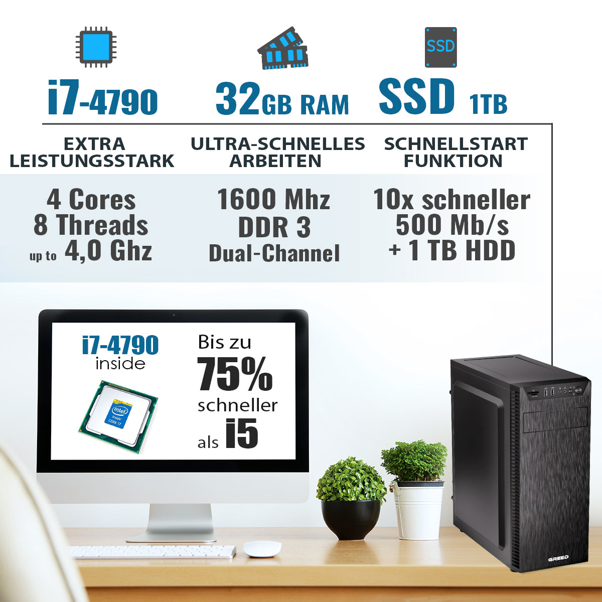 GREED® Intel Core i7 4790 Ultra Business PC + schneller Computer für Büro + Homeoffice