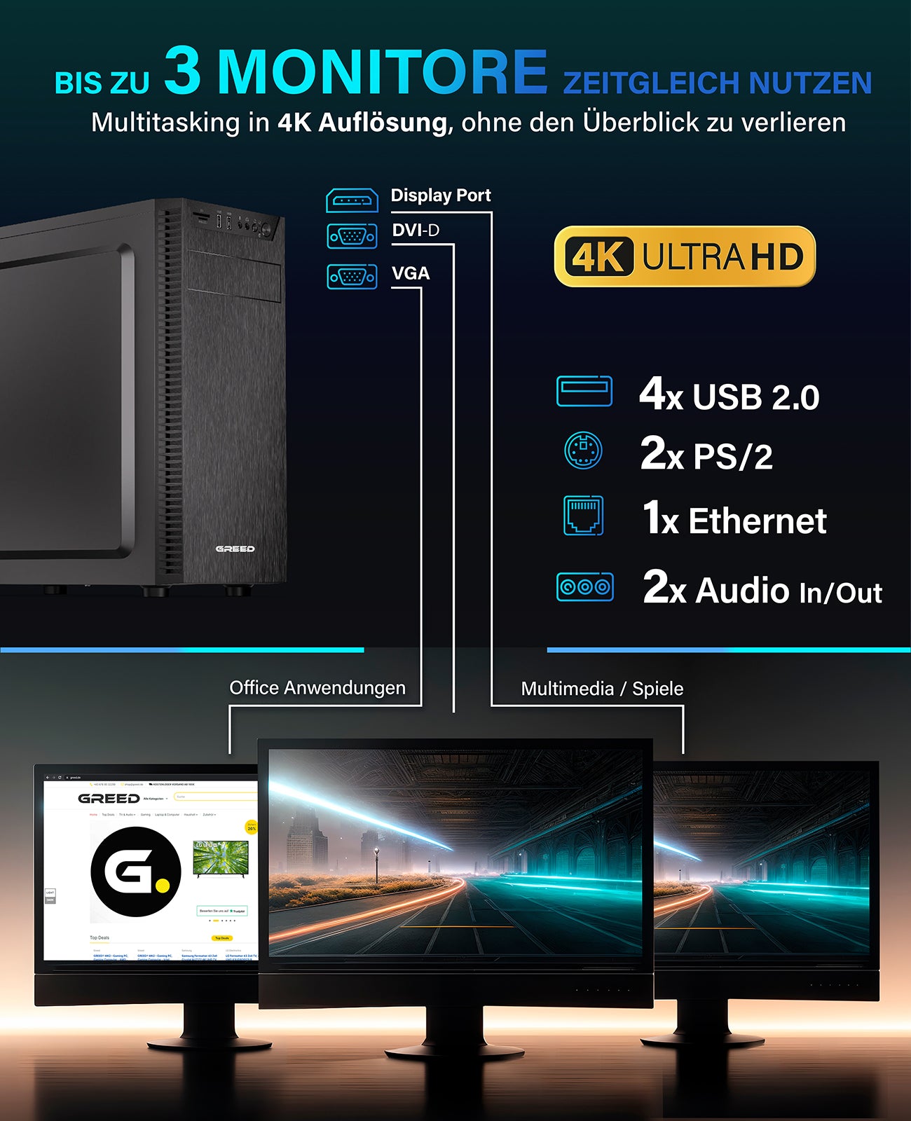 GREED® Ultra 7 - Schneller PC mit Intel Core i7 6700 - Leiser Computer + Rechner für Büro & Home Office