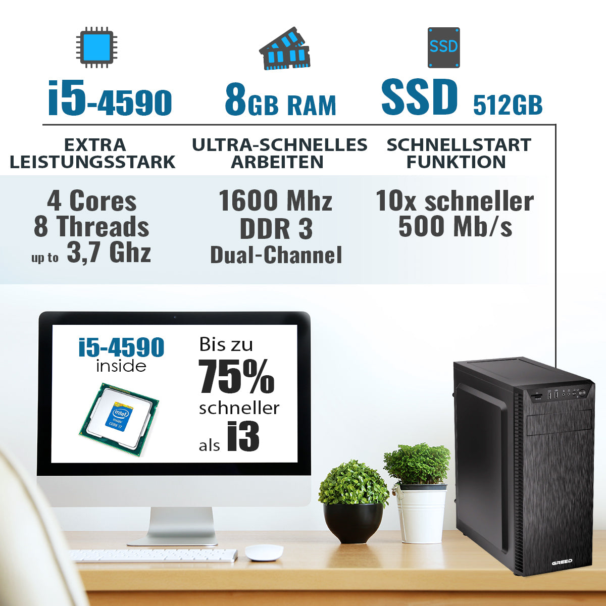 GREED® Basic PC, Intel Core i5 4590 - Computer für Büro & Home Office inkl. Windows 11 Pro