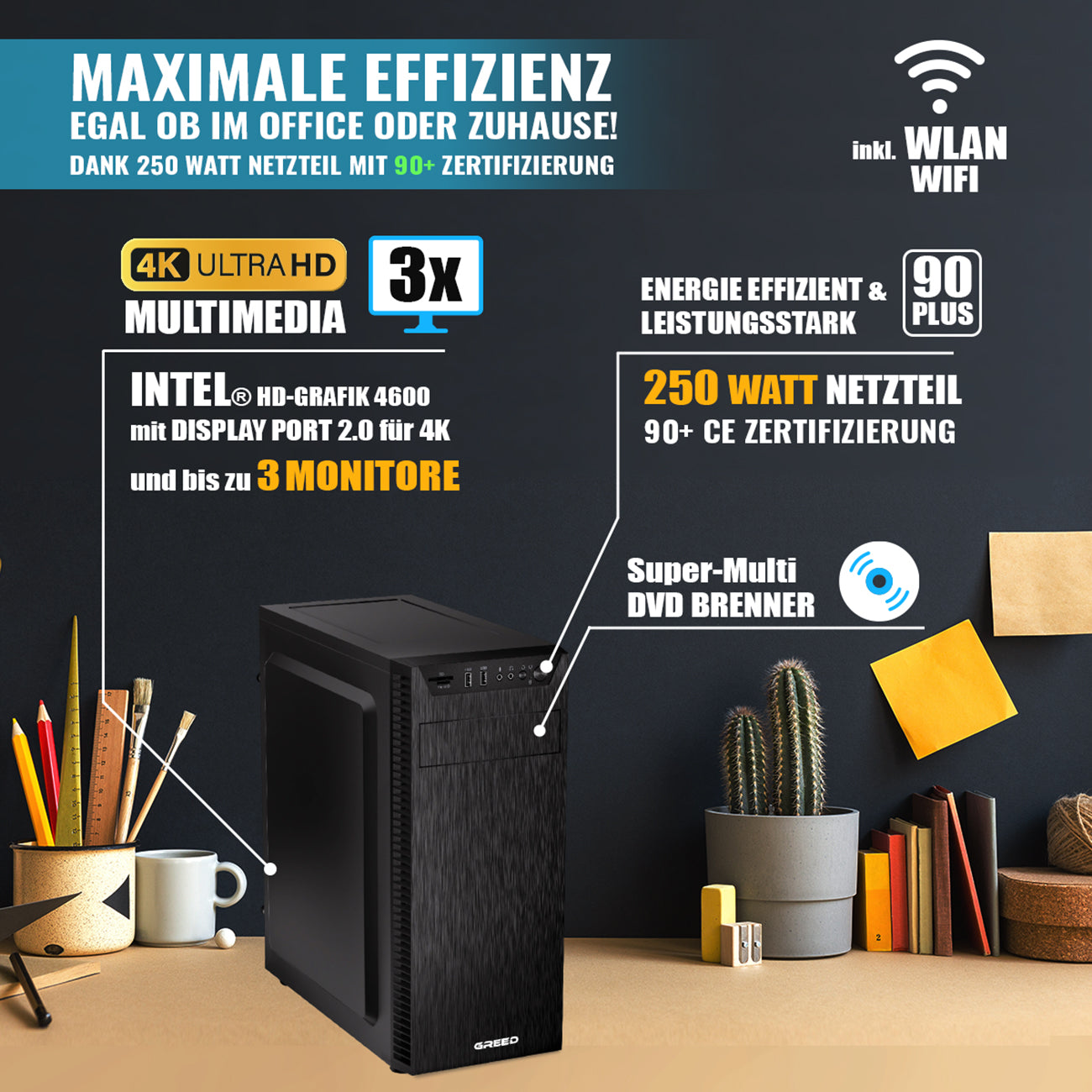 GREED® Multimedia Computer, Intel Core i7 4790 - Schneller PC für Büro & Home Office inkl. Windows 11 Pro