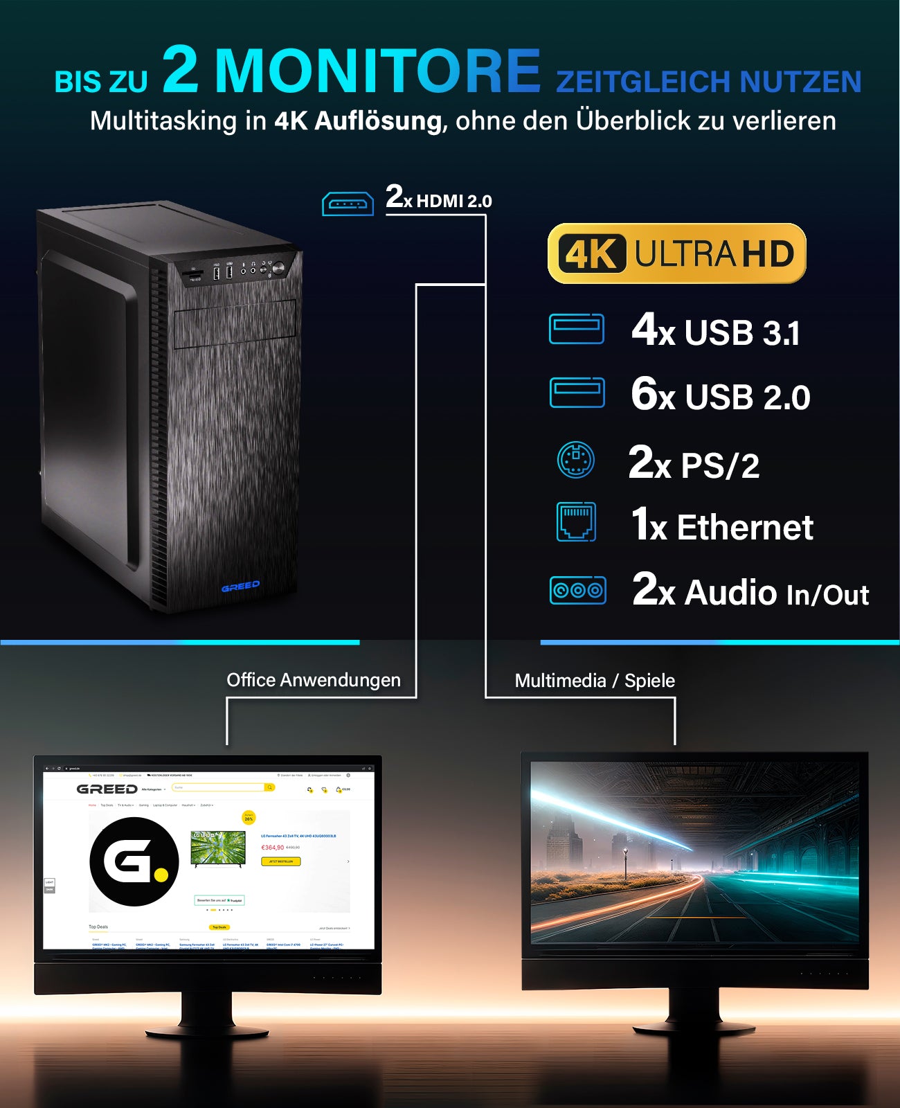 Greed® Basic V2 PC mit Intel Core i5 10400 - Schneller Rechner + Computer für Büro & Homeoffice