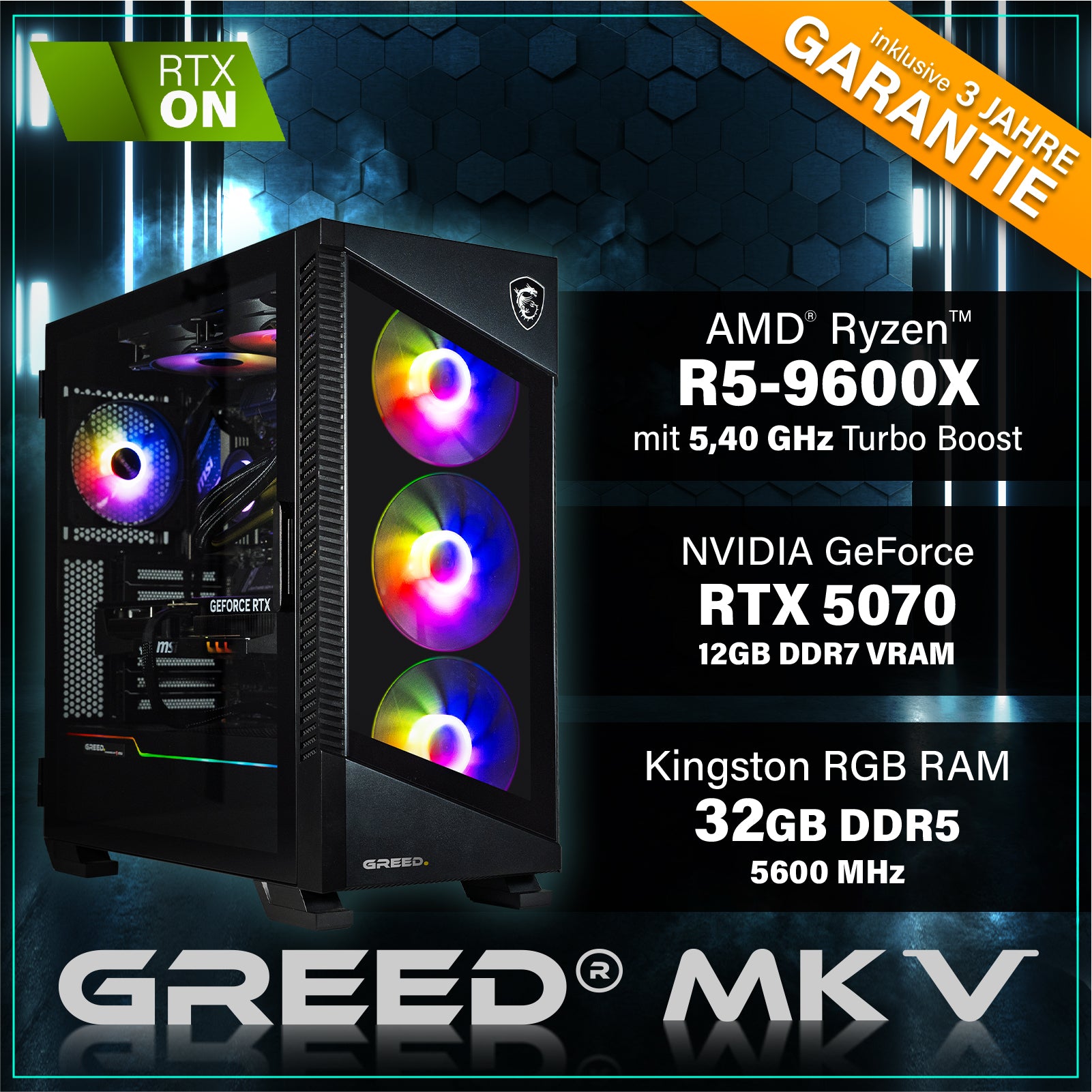 GREED® MK5 Gaming PC – AMD Ryzen™ 5 9600X, NVIDIA RTX 5070, 32GB DDR5, 1TB SSD, 4K Raytracing, RGB – Windows 11 Pro