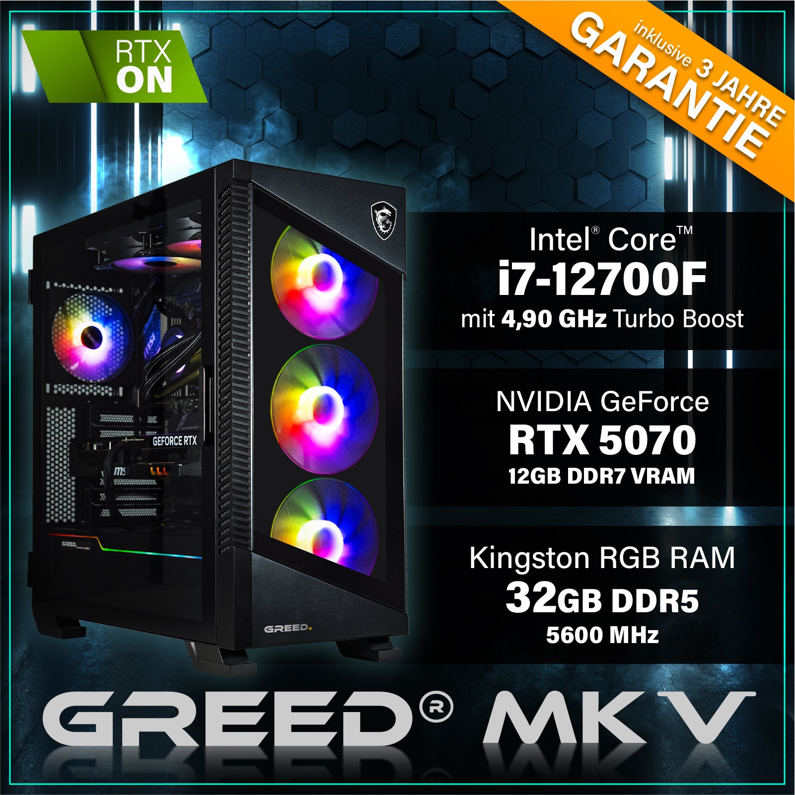 GREED® MK5 Gaming PC – Intel i7-12700F, NVIDIA RTX 5070, 32GB DDR5, 1TB SSD, 4K Raytracing, RGB – Windows 11 Pro