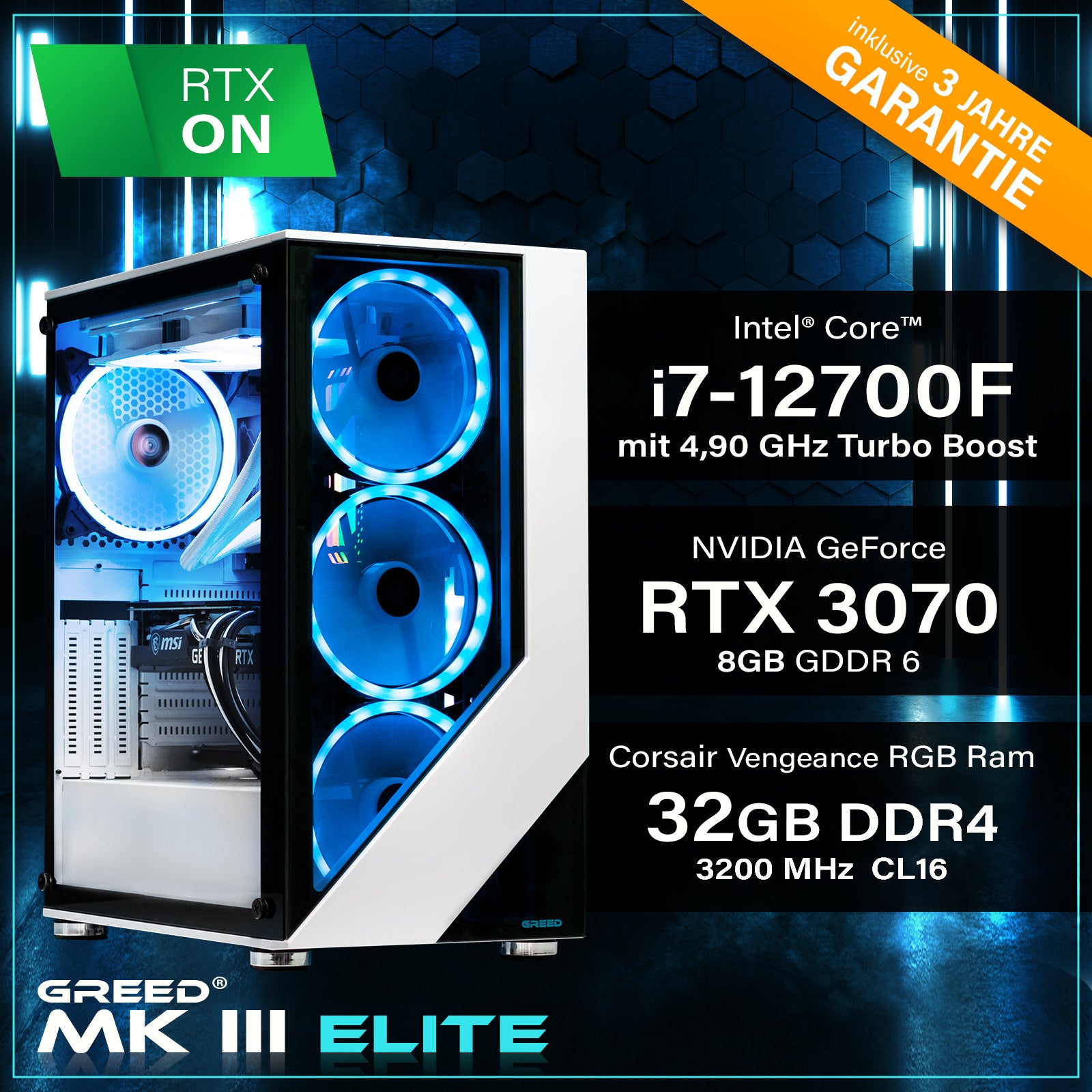 GREED® MK3 Elite - Gaming PC, Gaming Computer mit Intel Core i7 12700F + RTX 3070