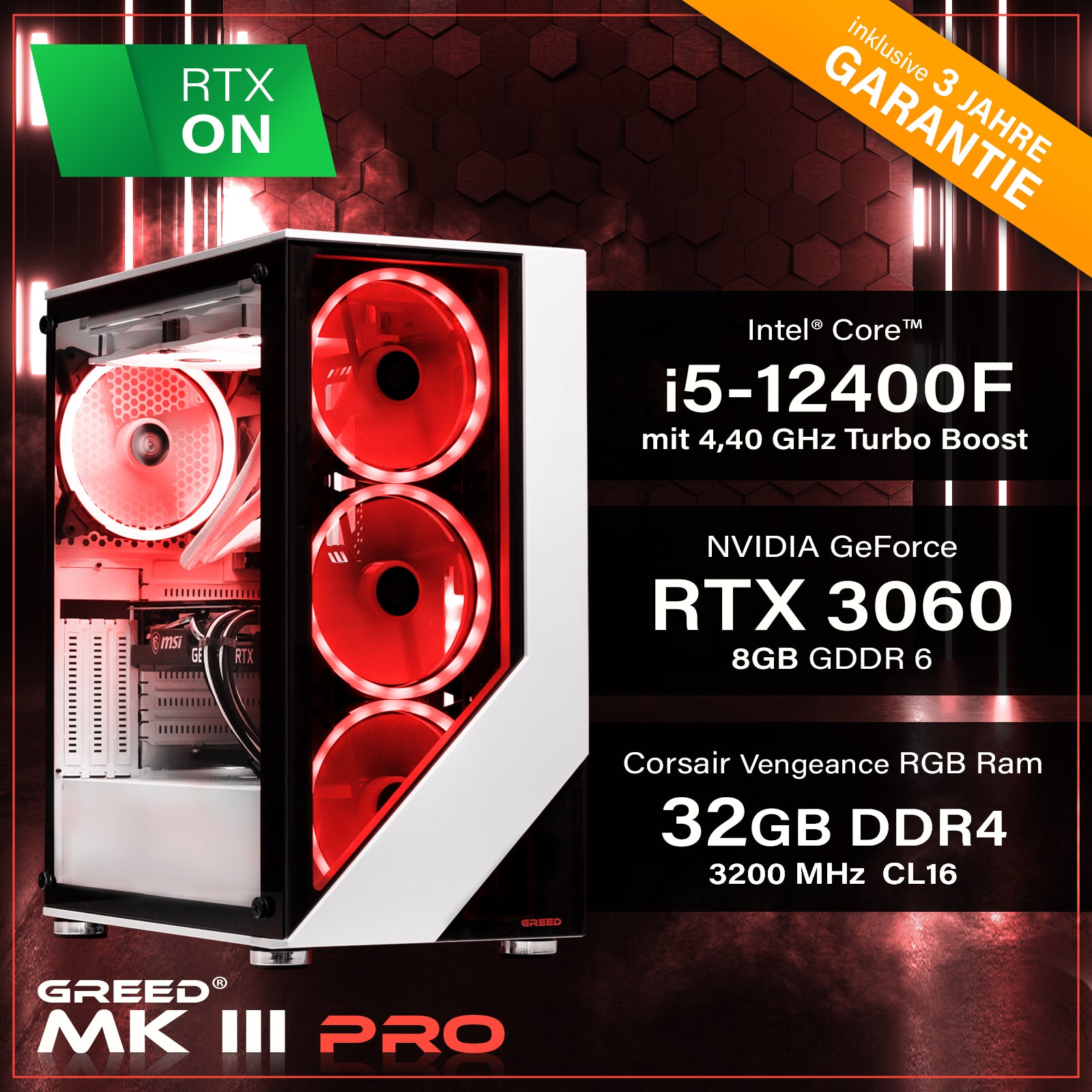 GREED® MK3 PRO - Gaming PC, Gaming Computer mit Intel Core i5 12400F + RTX 3060