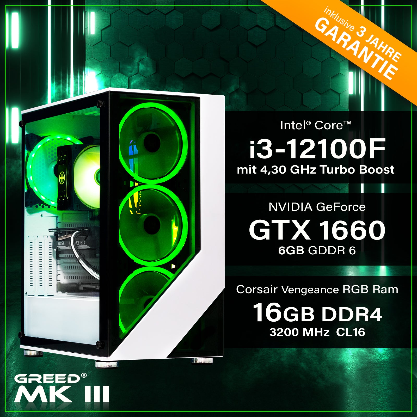 GREED® MK3 Entry - Gaming PC, Gaming Computer mit Intel Core i3 12100F + GTX 1660